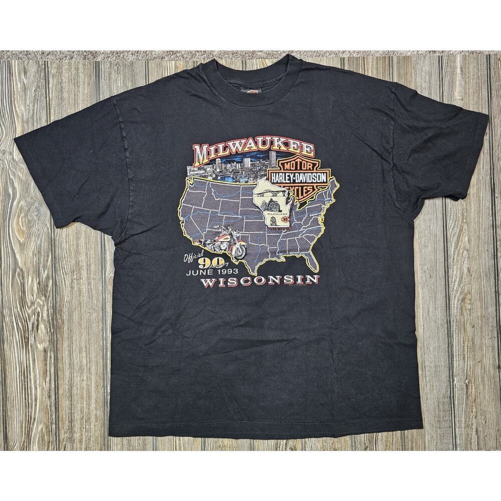 Vintage XXL Harley Davidson 90s Shirt Black Milwaukee Wisconsin 1993 Stratman